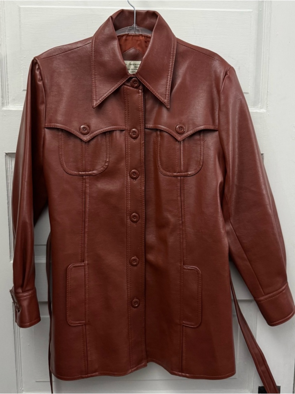 Vintage Brown Faux Leather Belted Jacket Womens M Western Shacket - Picture 3 of 11